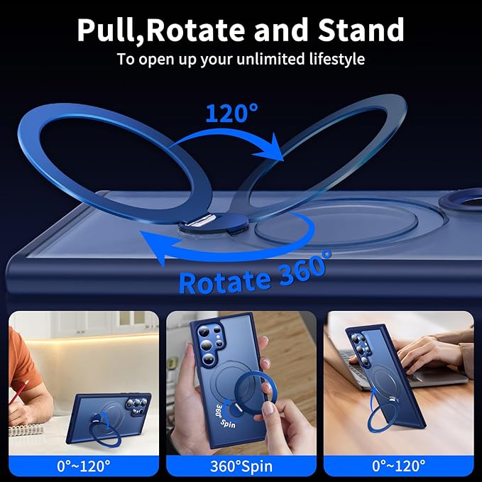 for Samsung Galaxy S23 Ultra Case,Compatible with Magsafe [Wireless Charging],with 360°Rotatable Magnetic Ring Stand,Matte Translucent Slim Soft Edge Phone Kickstand,Blue