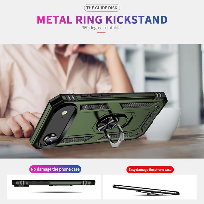 ADDIT Compatible with iPhone 17 Air Case with Tempered Glass Screen Protector, Adjustable Kickstand Ring, Military-Grade Heavy Duty Protection, Shockproof, Anti-Fingerprint,ArmyGreen