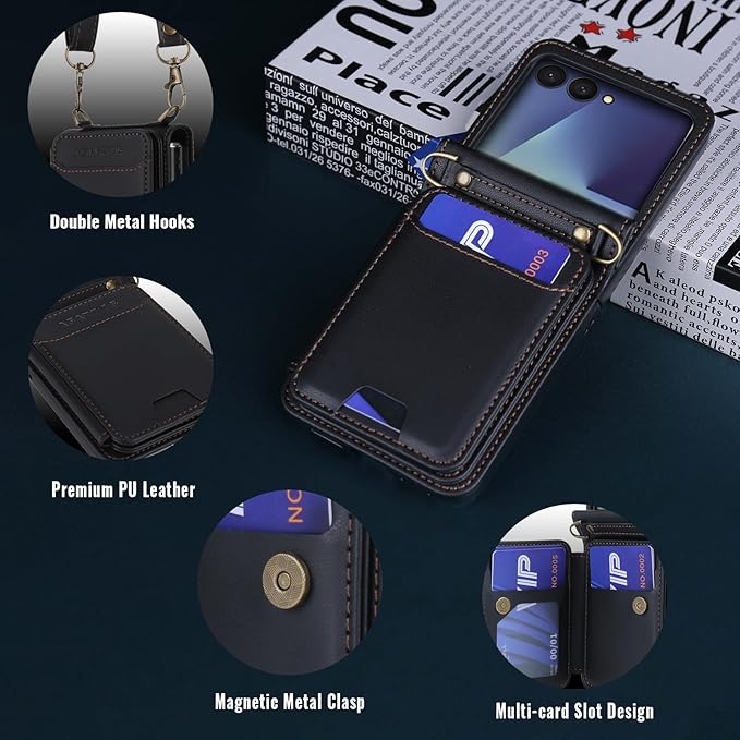 ASAPDOS for Samsung Galaxy Z Flip 7 PU Leather Wallet Phone Case with Card Slots (Holds 5 Cards), Anti-Drop Protection, Wrist & Shoulder Strap Black