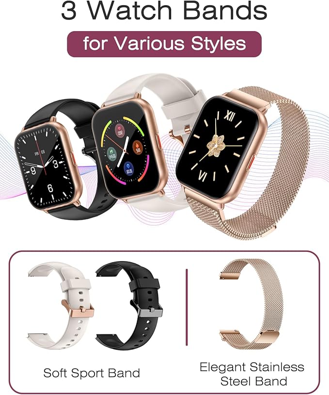 Smart Watches for Women Men (Answer/Make Calls, 3 Bands), 1.85" Fitness Tracker Watch for iPhone/Android Phones with Heart Rate Monitor Sleep/Steps Tracker 100+ Sports Pedometer Waterproof Gold