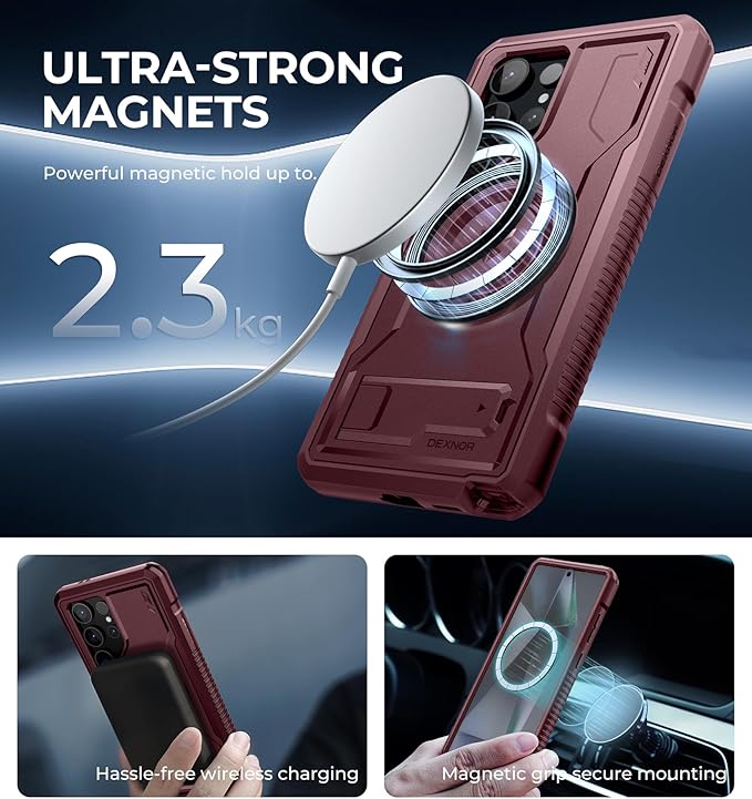 Dexnor Magnetic Case for Samsung Galaxy S24 Ultra Case, Compatible with Magsafe, 2 Front Frames & Built-in Screen Protector, Bumper Rugged Shockproof Full-Body Protective Cover with Kickstand,Red