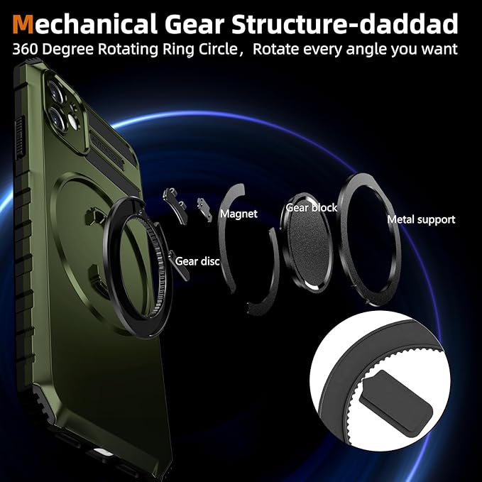 for iPhone 11 Case Compatible with MagSafe Magnetic,with 2 Tempered Glass Screen Protectors,Built-in 360°Kickstand Ring,Military Grade Drop Shockproof Heavy Duty Protection Phone Bumper Green