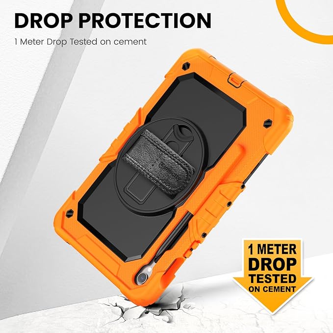 Timecity Case for Samsung Galaxy Tab S10 FE/ S9 FE 5G 10.9 Inch/ S9 11 Inch - Heavy Duty Protective Cover with Screen Protector, Rotating Stand, Shoulder Strap & S Pen Holder | Kids-Friendly, Orange