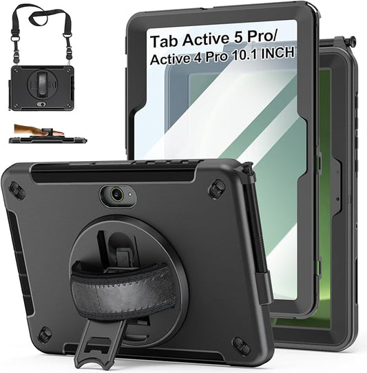 Case for Galaxy Tab Active 5 Pro 2025/4 Pro 2022/2019 10.1 Inch: TPU Cocer with Stand- Screen Protector -Hand Strap - Shoulder Strap - Pencil Holder - Black