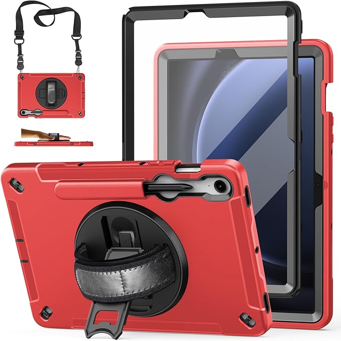Case for Galaxy Tab S10 FE &S9 FE 10.9"/S9 11 Inch: TPU Cover for Samstng Tablet S10 FE/ 2025/ S9 FE & S9 2023 5G with Screen Protector- Stand- Handle-Shoulder Strap-S-Pen Holder-Red