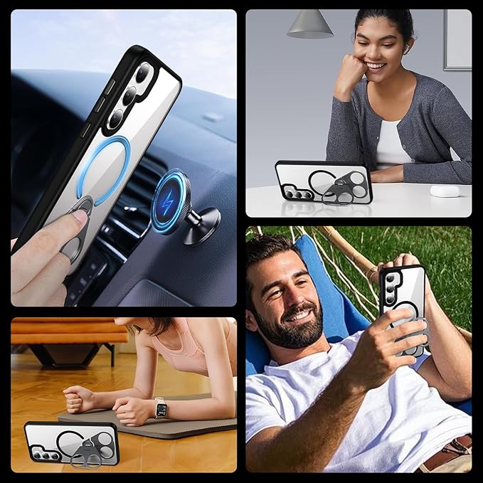 for Samsung Galaxy S24+ (Plus) Case Clear with Ring Holder,Kickstand 360°Rotatable Invisible Magnetic Built-in Stand [Compatible with MagSafe] [Drop Protection] Slim Soft Edge Cover,Black