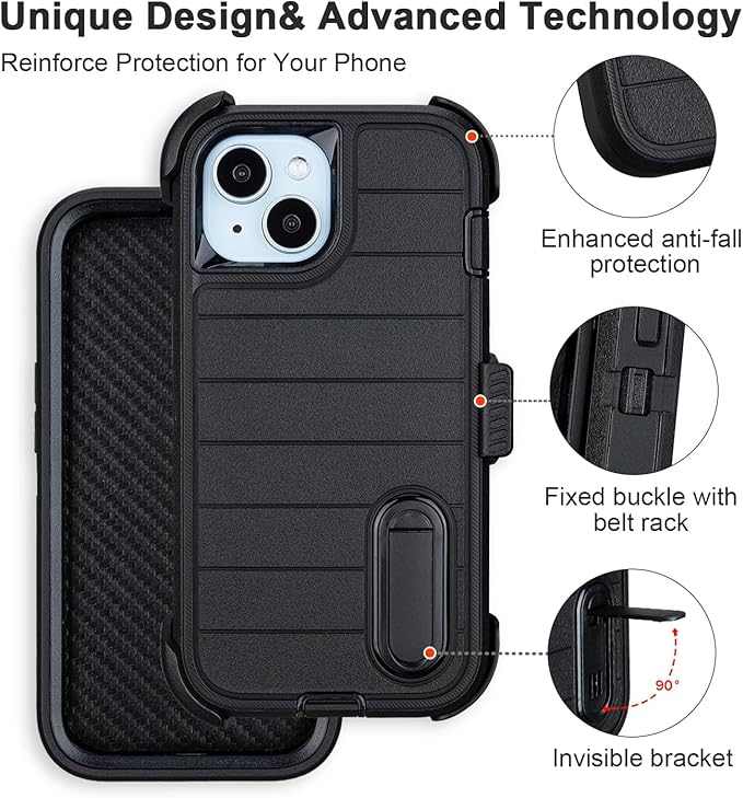for Black Case iPhone 15 Case with Belt Clip, for Shockproof Case iPhone 15 Heavy Duty,3 Layers of Sturdy,Anti-Drop,Military-Grade Defender Cover for iPhone15Case Black
