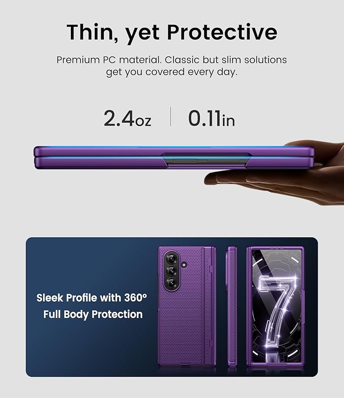 for Samsung Galaxy Z Fold 7 Slim Case with Stand, Glass Screen Protector, Full Hinge Protection, Thin & Rugged, Shockproof Protective Phone Case Cover for Samsung Galaxy Z Fold7 2025, Purple