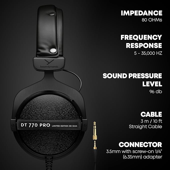beyerdynamic DT 770 Pro 80 ohm Limited Edition Professional Studio Headphones, Black