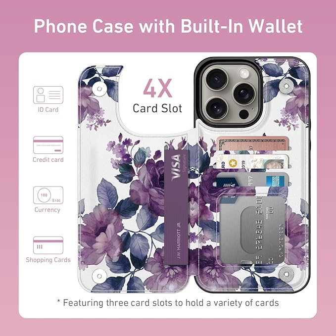 FUNMIKO for iPhone 13 Pro Max Wallet Case with Card Holder, RFID-Blocking, Military-Grade Protection & UV-Printed Artwork, Magnetic Closure with Leather Kickstand - Elegant Purple Floral