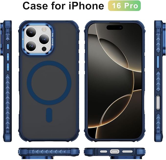 Magnetic for iPhone 16 Pro Case Blue with MagSafe Wireless Charging Heavy Duty Military-Grade Shockproof Protection Adjustable Kickstand Slim Matte Anti-Fingerprint Cover Men Women
