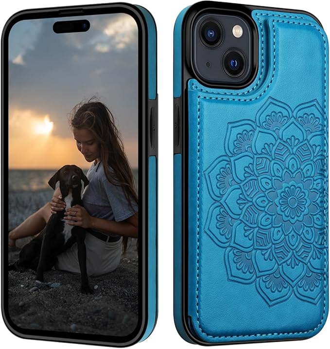 MMHUO for iPhone 15 Plus Case with Card Holder,Flower Magnetic Buttons Protective Wallet Case for Women for iPhone 15 Plus,Blue
