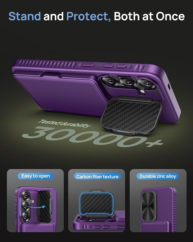 for Samsung Galaxy S25 Case, Built-in Card Holder & Stand & Camera Lens Cover, Military Grade Drop Tested Soft Silicone Edge Rugged Protective Wallet Phone Case for Galaxy S25 6.2" 2025, Purple