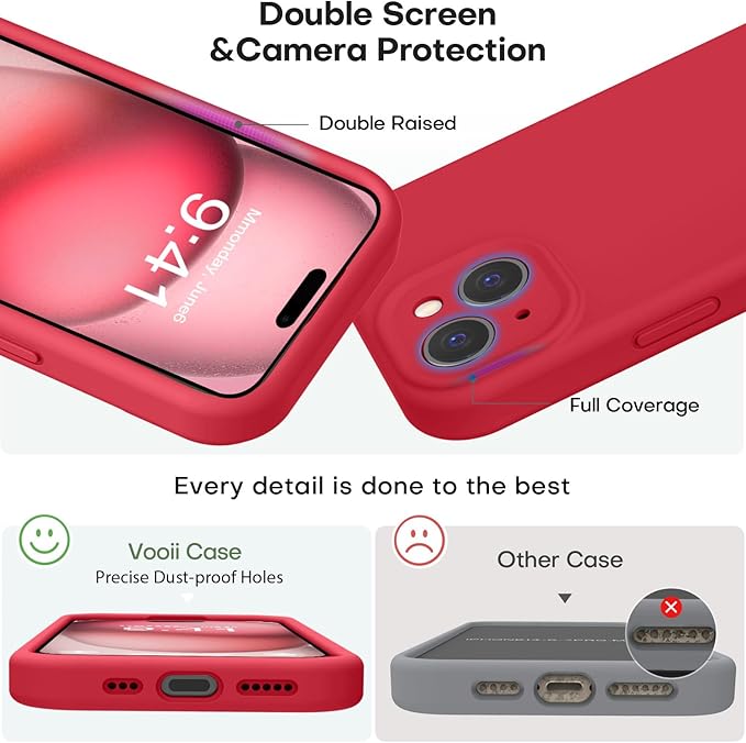 Vooii Compatible with iPhone 15 Plus Case, Upgrade Liquid Silicone [Enhanced Camera Protection] [Soft Anti-Scratch Microfiber Lining] Shockproof Phone Case for iPhone 15 Plus 6.7 inch - Red
