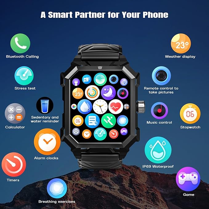 Indestructible Smart Watch for Men Android iOS Phones (Answer/Make Call) 680mAh IP69 Waterproof Military Rugged Tactical Smartwatch Fitness Tracker Watch With Heart Rate Blood Pressure Sleep Monitor