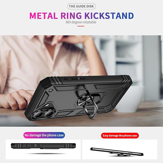 ADDIT Compatible with iPhone 17 Case with Tempered Glass Screen Protector, Adjustable Kickstand Ring, Military-Grade Heavy Duty Protection, Shockproof, Anti-Fingerprint, Black