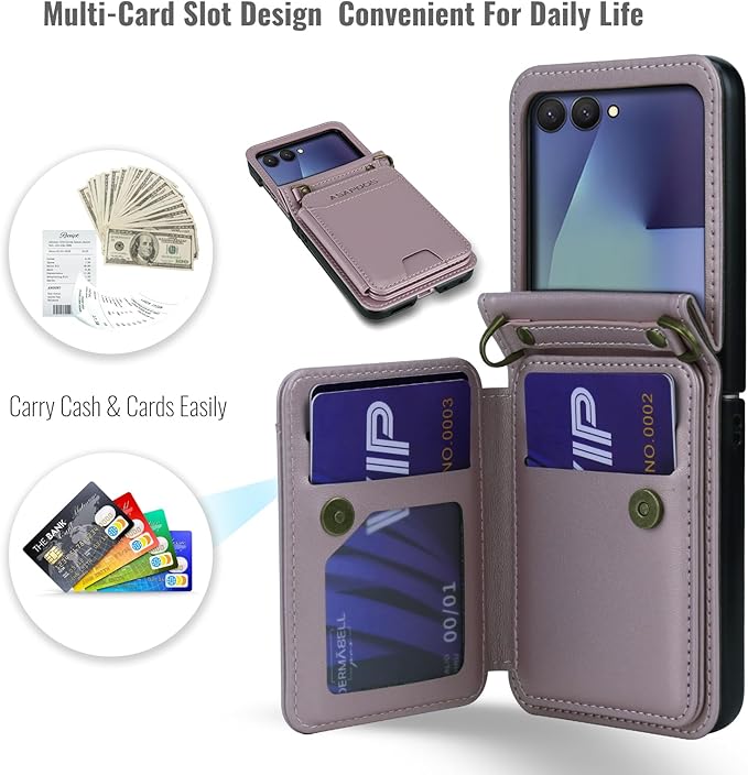 ASAPDOS for Samsung Galaxy Z Flip 7 PU Leather Wallet Phone Case with Card Slots (Holds 5 Cards), Anti-Drop Protection, Wrist & Shoulder Strap Gold