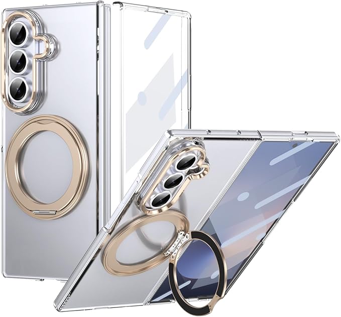for Samsung Galaxy Z Fold 7 Case with Magnetic Ring Holder, 360 Rotating Bracket, Built-in Front Screen Len Protector, Anti-Yellowing & Anti-Fingerprint Crystal Clear Case.(Gold)