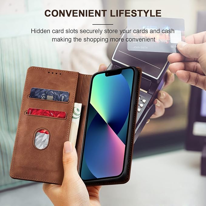 Jasonyu Flip Wallet Case for iPhone 13,Leather Magnetic Folio Cover with Card Holder,Kickstand - TPU Shockproof Durable Protective Phone Case,Brown