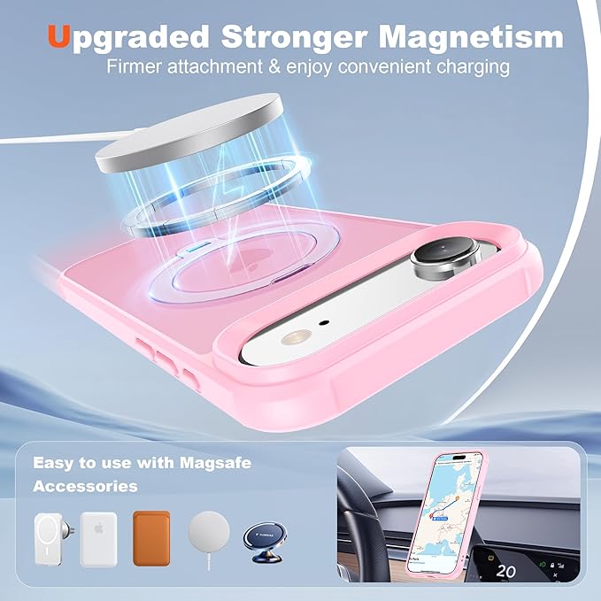 Compatible with iPhone 17 Air Case with Invisible Magnetic 360°Spin Stand,Military-Grade Shockproof Protection [Compatible with Mag-Safe] Non-Slip Edge Translucent Case (6.5",Pink)