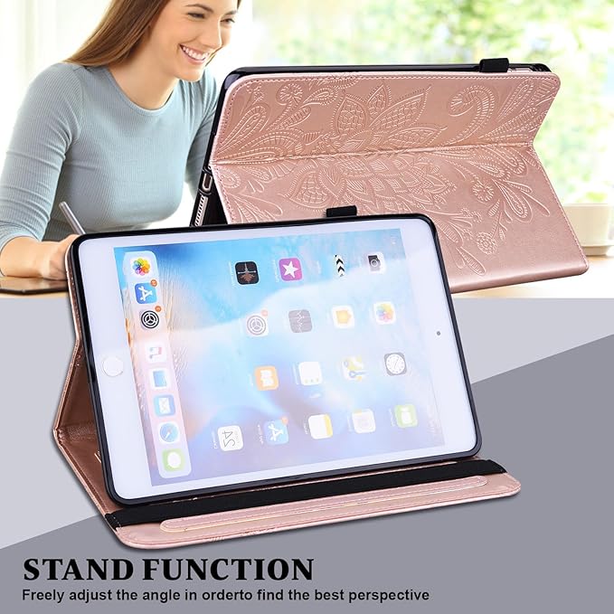 Case for Lenovo Tab M9 9 inch (TB-310FU), Embossed Lace PU Leather Flip Folio Protective Tablet Case with Elastic Band Card Slots Pen Holder, Multi-Angle Viewing Stand Cover - Rose Gold