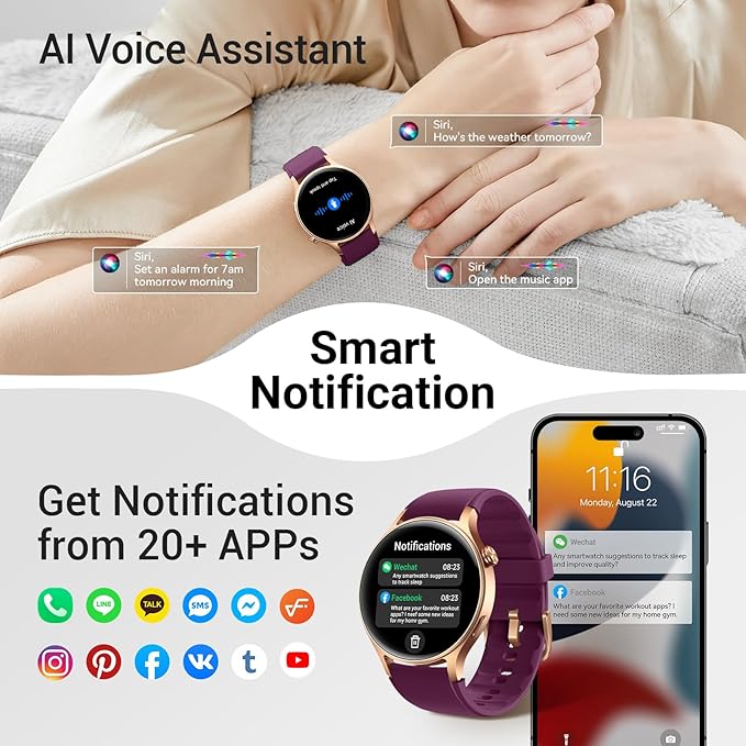 Fitpolo Smart Watch for Women,1.3" AMOLED Touchscreen Fitness Tracker, Make/Answer Calls, Heart Rate SpO2 Monitor,IP68 Waterproof,Sleep Activity Tracking Smartwatch for Android Phones iPhone (Purple)