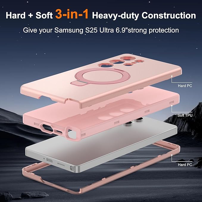 Designed for Samsung Galaxy S25 Ultra Case with Magnetic Ring Stand [Compatible with Mag-Safe][Military Grade Drop Protection][Build in Kickstand] S25 Ultra Phone Case 6.9",Rose Gold