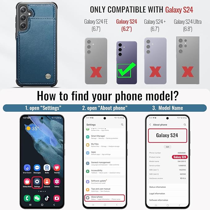 Vinich for Samsung Galaxy S24 Wallet Case with Card Holder, RFID Blocking Credit Slots Kickstand Shockproof Phone Cover for Women Men, Blue