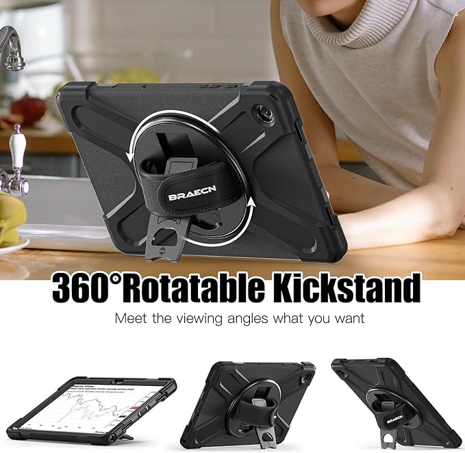 BRAECNstock for Samsung Galaxy Tab A9+ Plus Case 11 inch (SM-X210/X216/X218) Shockproof Protective Tab A9+ Plus Kids Case with Screen Protector Pen Holder Rotating Hand Strap+Stand, Black