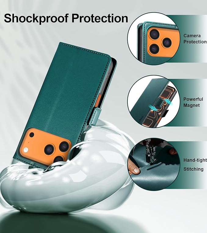 Wallet Flip Case for iPhone 17 Pro Max 5G - [RFID Blocking] Luxury PU Leather Card Holder Magnetic Phone Cover with Kickstand,Shockproof Protective Case,Green