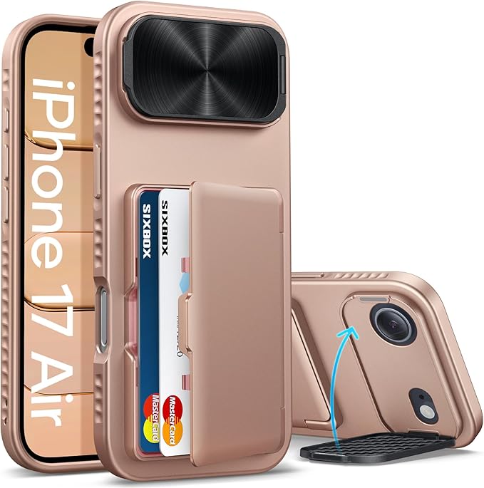 for iPhone Air Case with Card Holder & Stand & Camera Cover, Military Grade Drop Protection Hard Back Rugged Multifunctional Wallet Kickstand Protective Phone Case for iPhone Air, Rose Gold