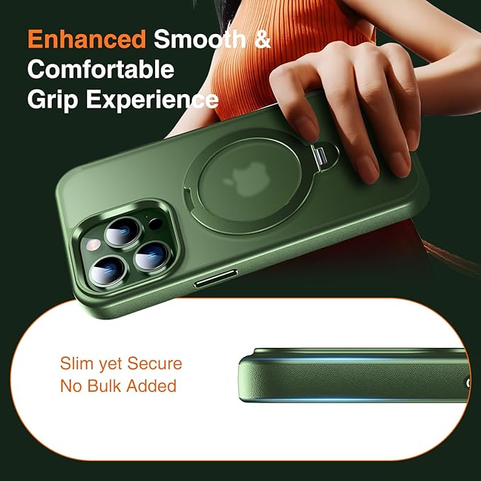 360° O-Ring MagStander for iPhone 13 Pro Case with Magnetic Kickstand Ring Holder [Compatible with MagSafe][360°Rotate Stand Ring][Military Shockproof] iPhone 13 Pro Phone Cover Matte Green