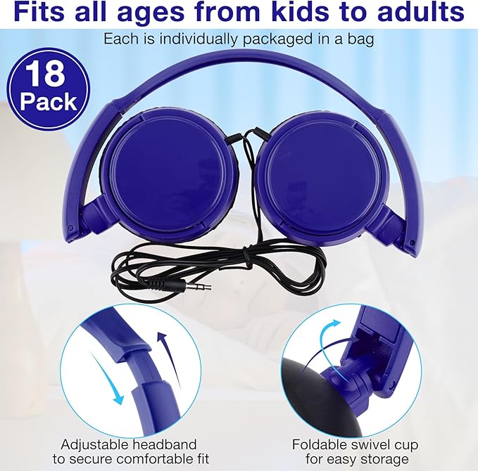 Yunsailing 18 Pack Classroom Headphones Bulk Student Wired Class Headphones Set for Kids School with Individually Wrapped Adjustable Over Ear Head Earbuds(Navy Blue)