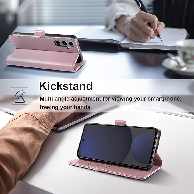 Wallet Flip Case for Samsung Galaxy S24 FE 5G - [RFID Blocking] Luxury PU Leather Card Holder Magnetic Phone Cover with Kickstand,Shockproof Protective Case,Pink