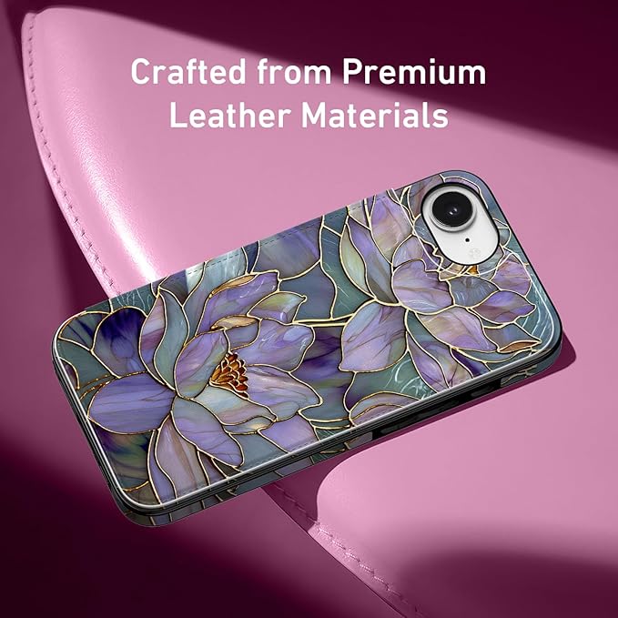 FUNMIKO for iPhone 16e Wallet Case with Card Holder, RFID-Blocking, Military-Grade Protection & UV-Printed Artwork, Magnetic Closure with Leather Kickstand - Dreamy Lotus