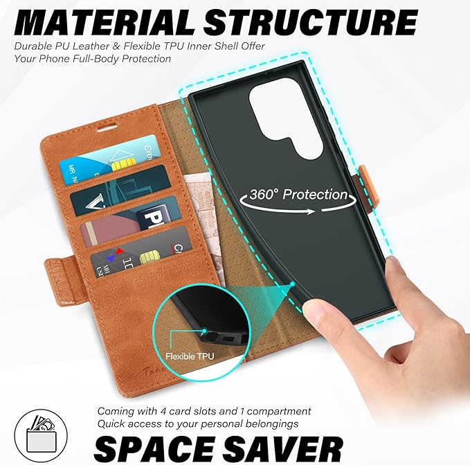 TUCCH Wallet Case for Galaxy S25 Ultra with [TPU Shockproof Interior Case] [RFID Blocking] Folio Stand Card Slot, Magnetic PU Leather Protect Folio Cover Compatible with Galaxy S25 Ultra, Light Brown
