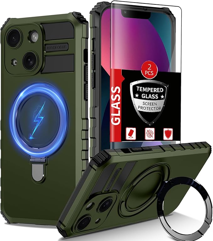 for iPhone 13 Case Magnetic Compatible with MagSafe Wireless Charging,with 2 Screen Protectors,Built-in Kickstand Ring,Shockproof Shock-Absorbent Scratch Resistant Heavy Duty Protection Green