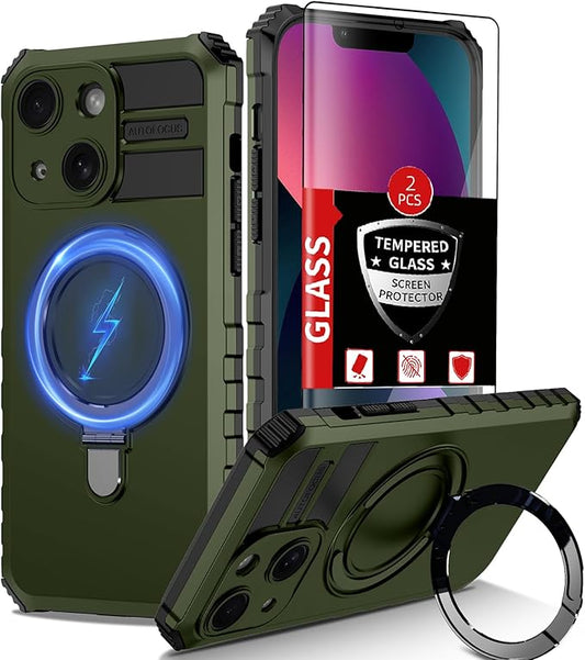 for iPhone 13 Case Magnetic Compatible with MagSafe Wireless Charging,with 2 Screen Protectors,Built-in Kickstand Ring,Shockproof Shock-Absorbent Scratch Resistant Heavy Duty Protection Green