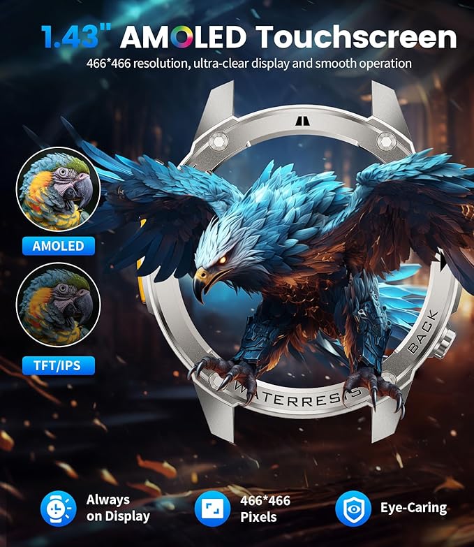 GPS Smart Watch for Men-5ATM/IP69K Waterproof,45 Days Standby(500mAh),1.43" AMOLED Rugged Military Smartwatch with Compass Altitude,170+ Sport Modes Smart Watches for Android iPhones Silver