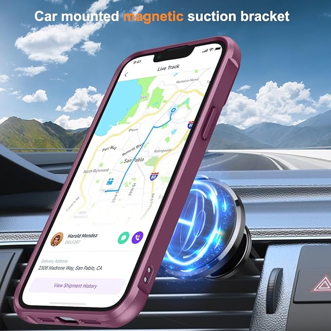 Magnetic Compatible with iPhone 14 Case with Stand [Military Grade Drop Tested][Compatible with Magnet] Ring Translucent Slim Hard Back Soft Edge, Wine Red