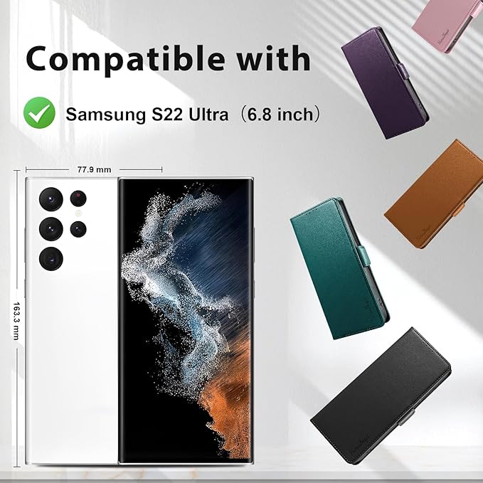 Wallet Flip Case for Samsung Galaxy S22 Ultra 5G - [RFID Blocking] Luxury PU Leather Card Holder Magnetic Phone Cover with Kickstand,Shockproof Protective Case,Purple