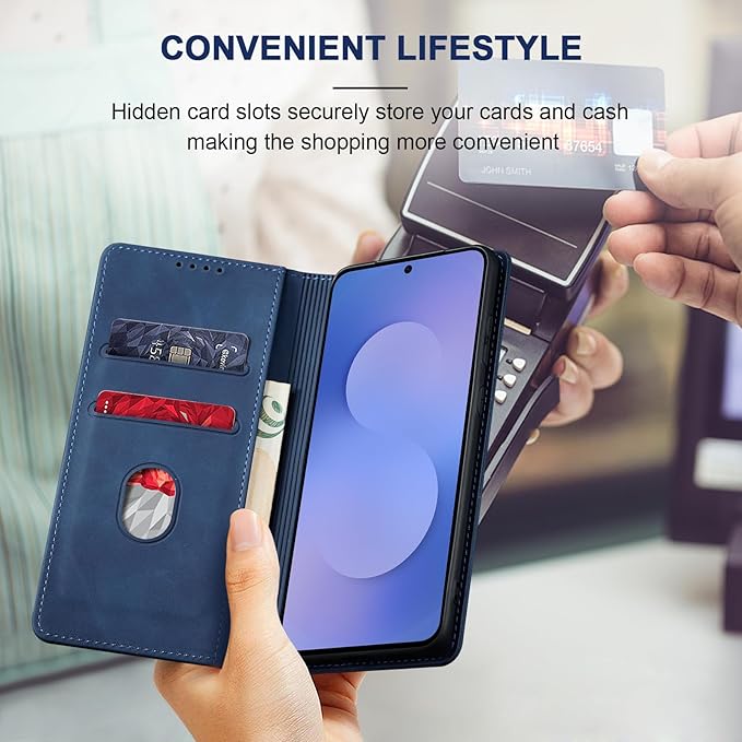 Jasonyu Flip Wallet Case for Samsung Galaxy S25 FE 5G,Leather Magnetic Folio Cover with Card Holder,Kickstand - TPU Shockproof Durable Protective Phone Case,Blue