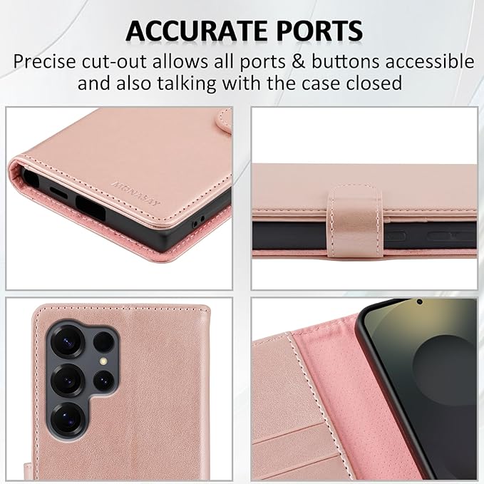 MONASAY Wallet Case Fit for Samsung Galaxy S25 Ultra 6.9 inch, [Lens & Glass Screen Protector Included] [RFID Blocking] Flip Folio Leather Cell Phone Cover with Credit Card Holder, Rosegold