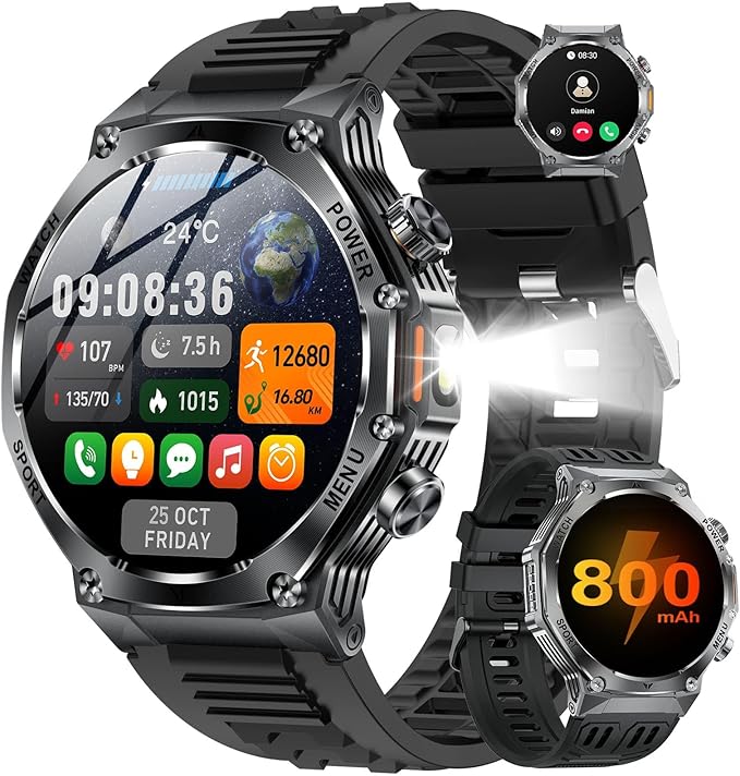 Military Smart Watch for Men,800mAh Large Battery/1.75" HD Smart Watches with LED Flashlight for Android/iOS (Bluetooth Call Answer/Calls) Fitness Tracker with Heart Rate/Sleep Tracking