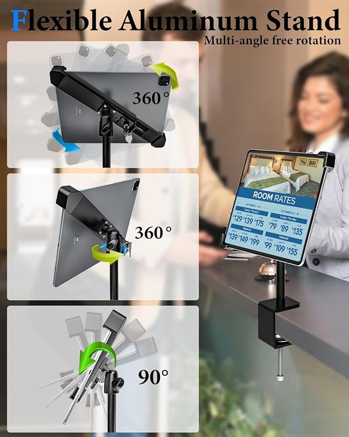 Anti-Theft iPad Kiosk Stand - Double Anti Theft, Locking Tablet Stand for Desktop, 360°/ 90° Swivel POS iPad Security Stand for 10.2" iPad/iPad Air/iPad Pro/Galaxy Tabs, All 7-11" Tablet