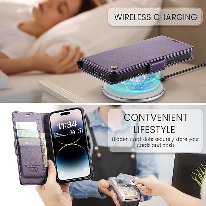 for iPhone 14 Pro Case, Premium PU Leather Wallet Case Flip Cover with [RFID Blocking][Card Holder][Stand Function] Shockproof Protective for iPhone 14 Pro 6.1 inch, Purple