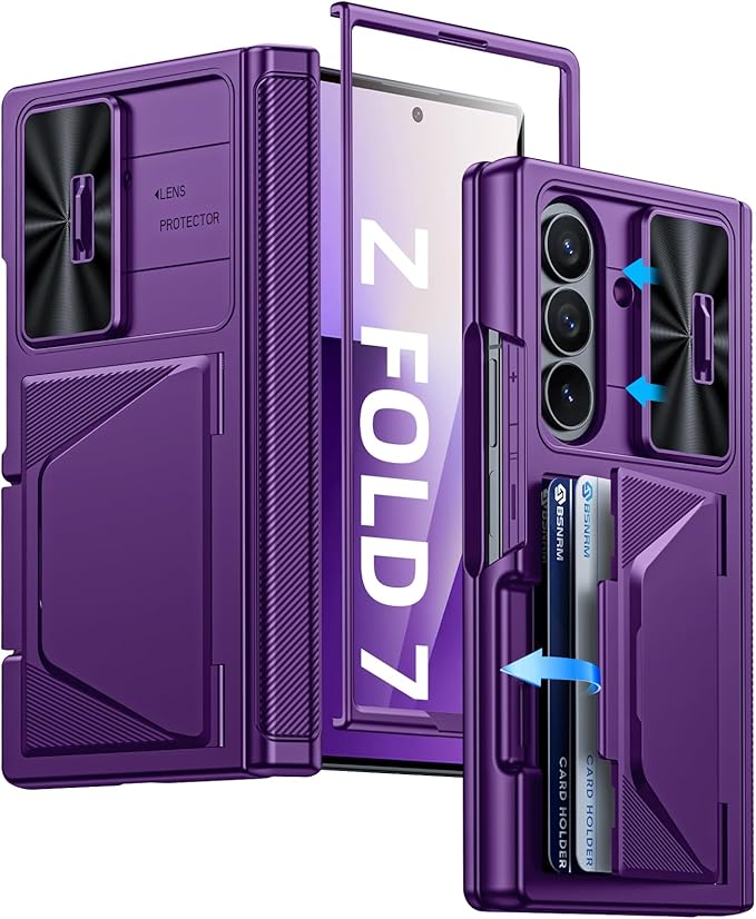 for Samsung Galaxy Z Fold 7 Case with Card Holder RFID Blocking, Built in Slide Lens Cover & Hinge Protection & Screen Protector, Shockproof Wallet Case for Z Fold 7 (Purple)