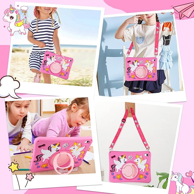 HianDier for iPad A16 Case 11th 2025 iPad 10th Generation Case for Kids Cute Unicorn Silicone Tablet Cover with Detachable Strap and Rotatable Stand Shockproof Cover for iPad 11inch 10.9inch-Rose Pink