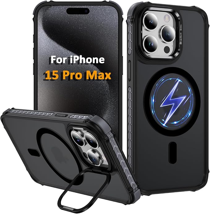 Magnetic for iPhone 15 Pro Max Case Black with MagSafe Wireless Charging Heavy Duty Military-Grade Shockproof Protection Adjustable Kickstand Slim Matte Anti-Fingerprint Cover Men Women