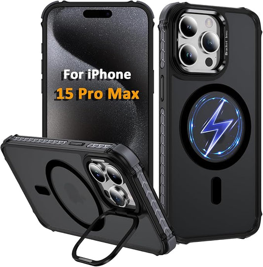Magnetic for iPhone 15 Pro Max Case Black with MagSafe Wireless Charging Heavy Duty Military-Grade Shockproof Protection Adjustable Kickstand Slim Matte Anti-Fingerprint Cover Men Women